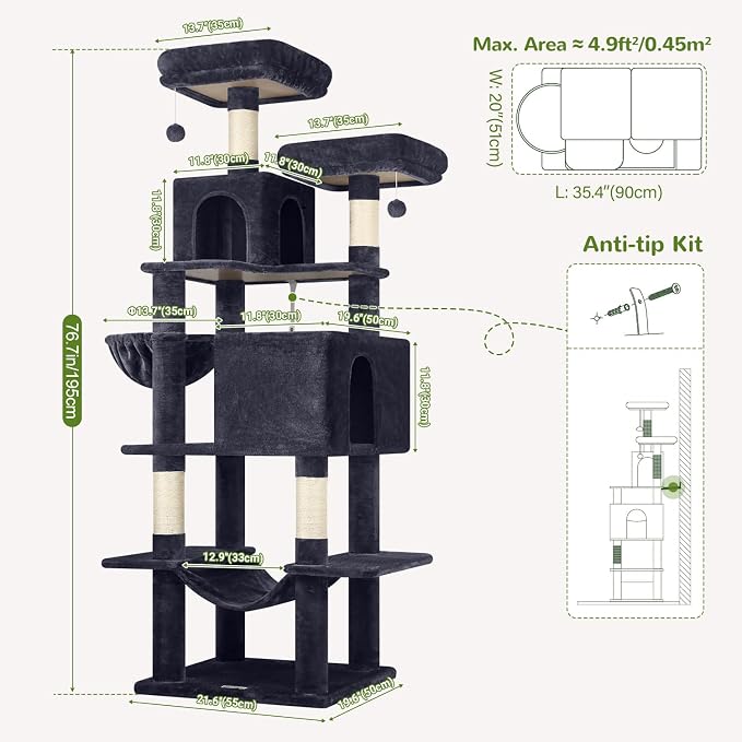 Globlazer Extra Tall Cat Tree Tower for Indoor Cats, 76in, F76, Dark Grey | Multi-Level Cat Furniture with Cozy Condos,Hammock and Perches for Large Adult Cats, Perfect for Climbing, Scratching