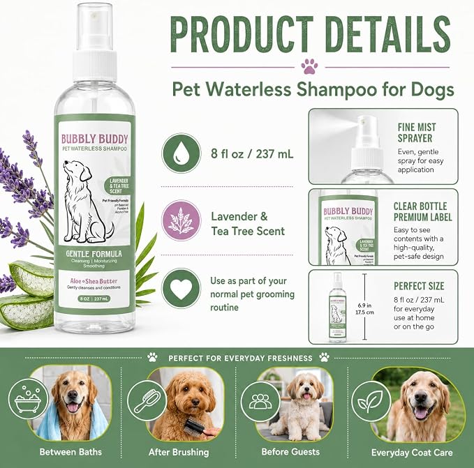 Pet Waterless Shampoo for Dogs, No-Rinse Dog Shampoo Spray with Aloe, Shea Butter, Colloidal Oatmeal, Jojoba Oil, Vitamin E & Tea Tree Oil, pH Balanced, Lavender & Tea Tree Scent, 8 fl oz