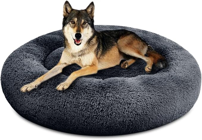 SAVFOX 45 inches Calming Donut Dog Bed - 3X Durable Plush Faux Fur, Machine Washable & Non-Slip, Fits up to 150 lbs, Dark Grey