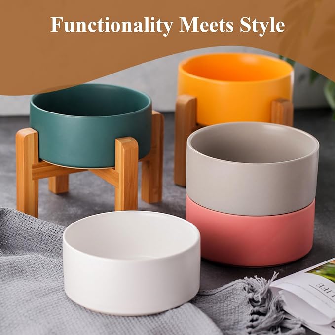 Ceramic Elevated Dog Bowl with Bamboo Stand, for Small & Medium Dog, Yellow