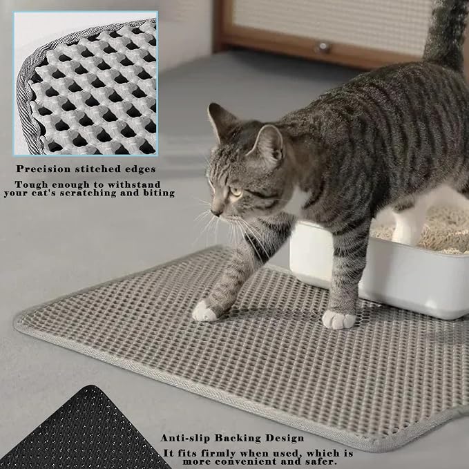 HCY&WLD Cat Litter Mat, Honeycomb Double Layer Litter Trapping Mat | Safe Materials, Soft on Paws, Waterproof Urine Proof Non-Slip, Protects Floors, Less Waste, Easy to Clean, Gray, 30" x 22"