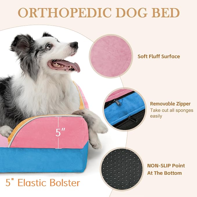 Comfort Expression Orthopedic Dog Bed for Extra Large Dogs with Bolster | Waterproof Dog Couch Bed with Washable Cover & Non-Slip Bottom, Supportive Egg Crate Foam XL Pet Bed, 42x30 Inch