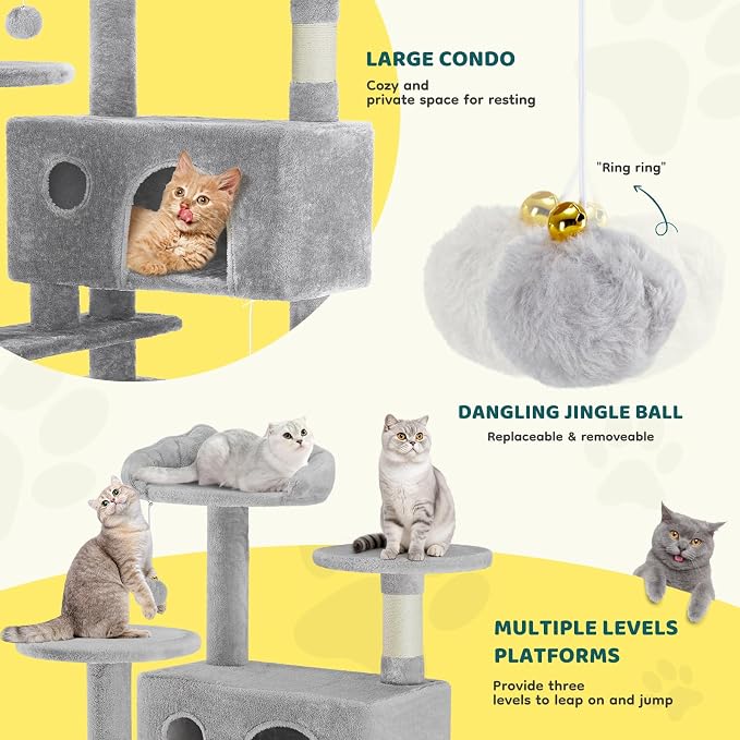 DUMOS 54 Inch Cat Tree Tower with Scratching Posts, Indoor Use | Multi-Level Pet House for Large Cats with 2 Condos, Round Platform, Small Ladder and Toys, Light Grey