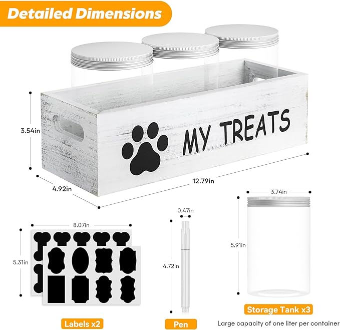 qeerable Dog Treat Container for Countertop - Dog Food Storage with 3 Jars - Pet Food Organizer For Puppy - Airtight White Wooden Dog Treat Storage With Lids - Great Gift for Pet Dog Owners