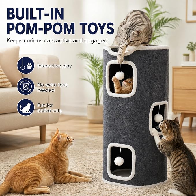 Three-Tier Cat Tree for Indoor Cats, Multi-Level Cat Tower with Cat Hideaway, Soft Cat Bed, Interactive Toy Ball & Scratching Posts, Space-Saving Cat Furniture for Apartments (L)