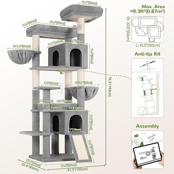Globlazer Tall Cat Tree for Indoor Large Cats, 75 inch, F75C, Light Grey | Multi-Level Cat Tower, 2 Large Platforms, 2 Oversized Cat Condos, 5 Scratching Posts, Scratching Board, Removable Pet Bed