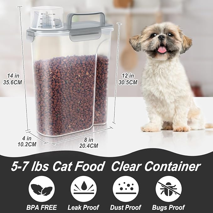 LEAWALK 5-7Lbs/6Qt Dog Cat Storage Container Portable with Upgraded Large Spout and Cup, Plastic Pet Food Dispenser for Small Animal Kibble, Bird Seed, Oatmeal, Rice, Flour, Brown Sugart- Clear Gray