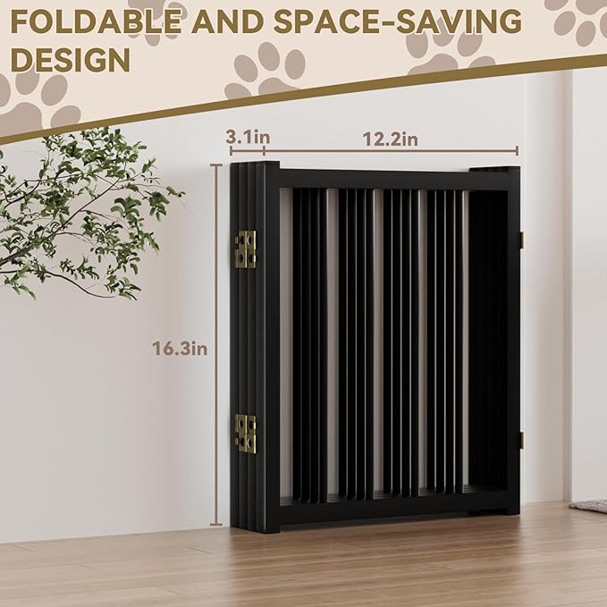 Snuowu 16" Freestanding Short Dog Gate for Small Dogs – Foldable & Retractable, Expands Up to 48" Wide, 4-Panel Pet Barrier for Doorways, Stairs & Hallways (Black)