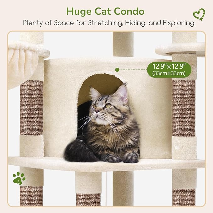 Globlazer Corner Stable Cat Tree Tower with Scratching Post, C51, Beige | 51in Space-Saving Multi-Level Cat Condo for Indoor Cats with Hammock, Large Top Perch for Large Cats, Cozy Cat Cave
