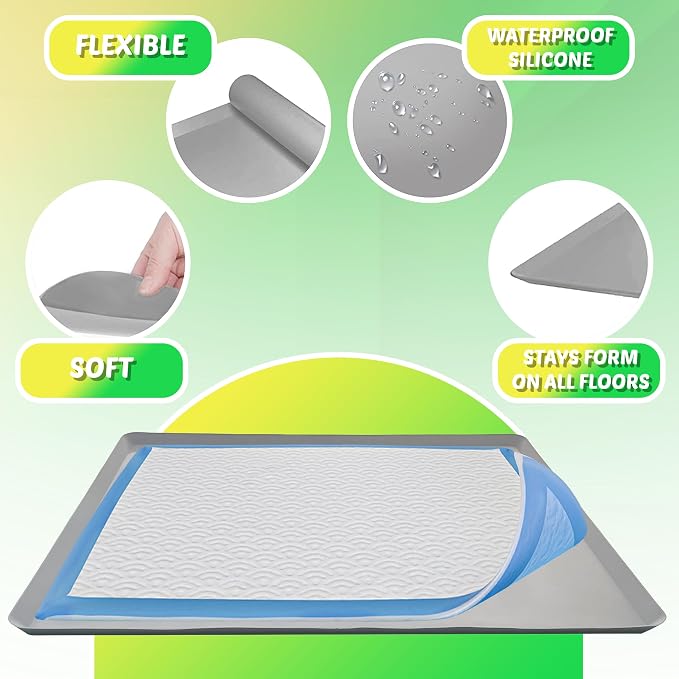 TidyFriend Dog Pee Pad Holder Tray Fits for 27.5” x 44” Wee Wee Pee Pads - Stable Grip, Raised Edges, Quick-Wipe Silicone Surface Dog Potty Tray Holder for Indoor Flooring Protection (Light Grey)