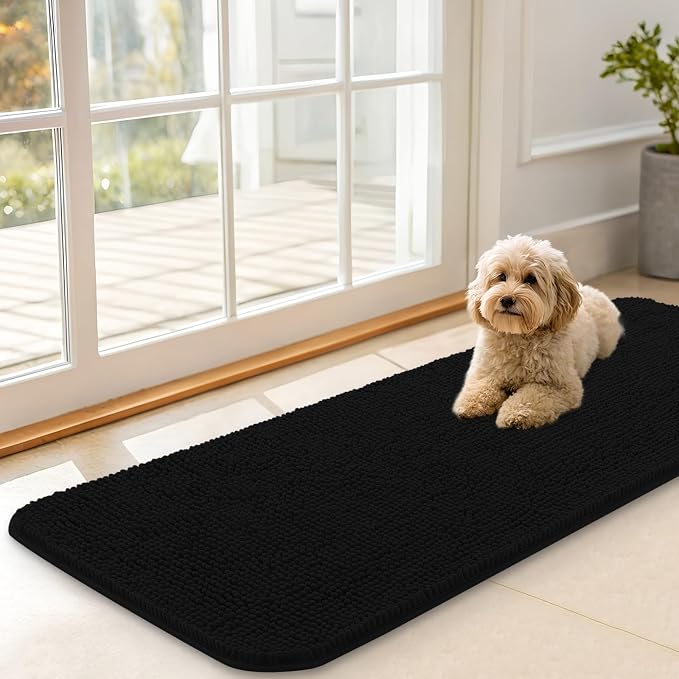 OLANLY Dog Door Mat for Muddy Paws 47x17, Super Absorbent Chenille Mud Mat | Black, Absorbs Moisture and Dirt, Non-Slip Machine Washable Doormat, Quick-Drying Indoor Entryway Floor Carpet for Dogs