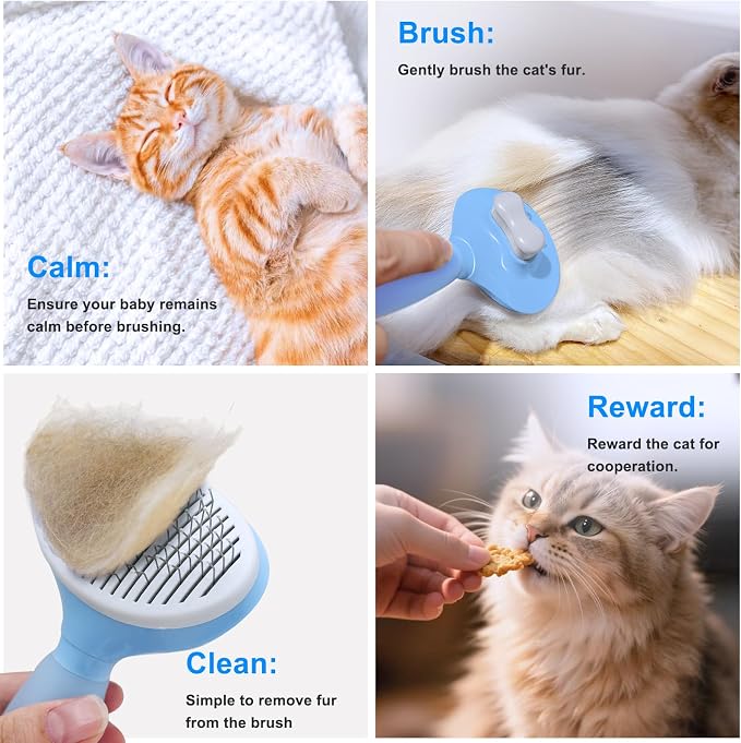 Cat Brush for Shedding, Self Cleaning Brush for Long & Short Hair Cats | For Indoor Cats,Removes Loose Hair,Reduces Shedding,Soft Rounded Tips,Ergonomic Silicone Handle,Gentle Massage,Easy Grooming