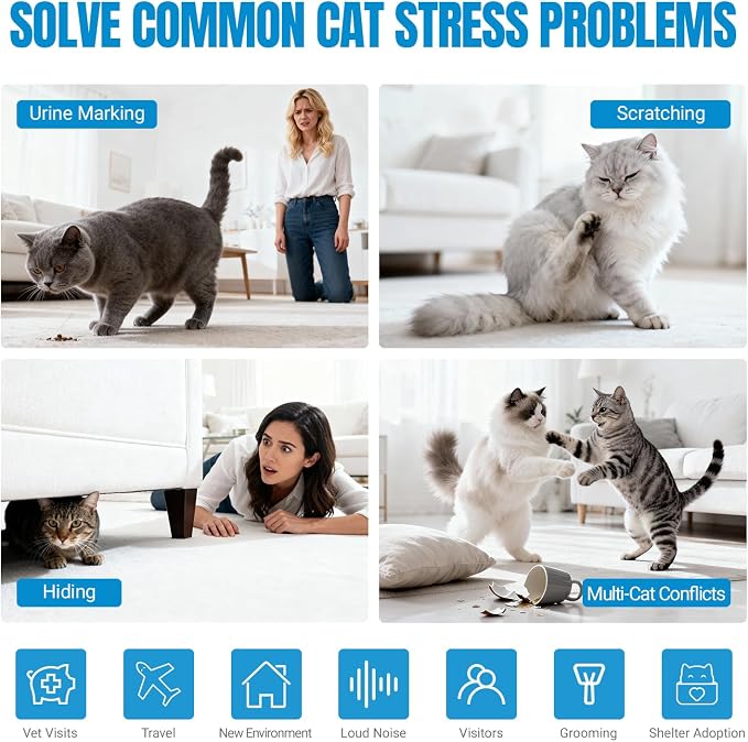 Cat Calming Pheromone Diffuser Stop Scratching Spraying 4 Refill 120 Days | Effectively Relieve Anxiety Stress, Helps Reduce Cats Urinating in House, Spraying, Fighting & Marking, 2 Diffuser+ 4 Refills