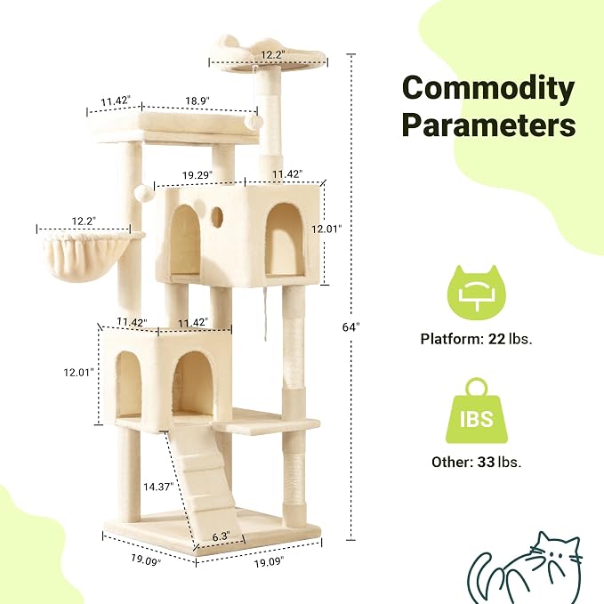 Allewie 64 Inches Multi-Level Cat Tree Tower for Indoor Cats, Beige | Activity Center for Big Felines, 2 Plush Condos, 2 Perches, Cozy Basket, House, Sisal Scratching Posts, Hanging Cat Toys