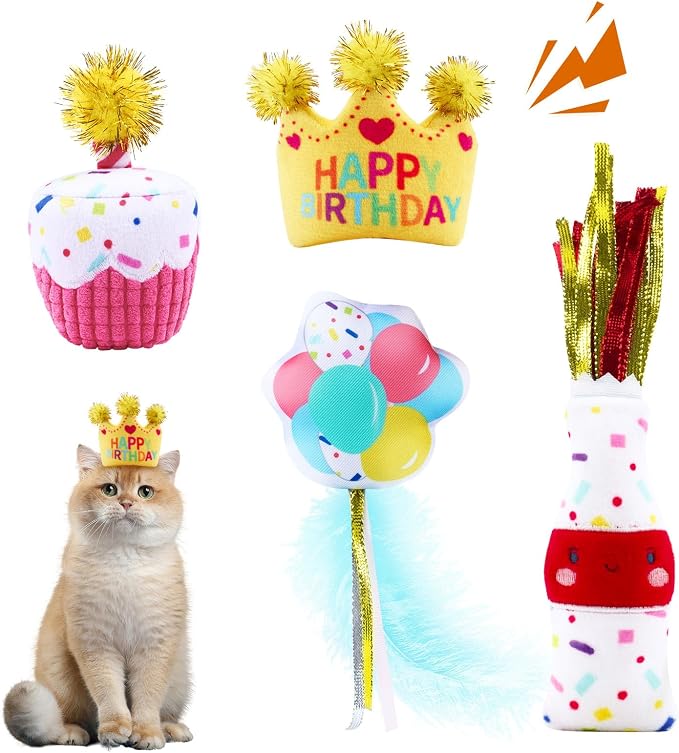 ADABOO 4PCS Cat Birthday Toy Set, Birthday Cake and Crown, Plush Catnip Toy with Crinkle Paper & Tinsel, Soft Interactive Toy, Perfect for Cat Lovers