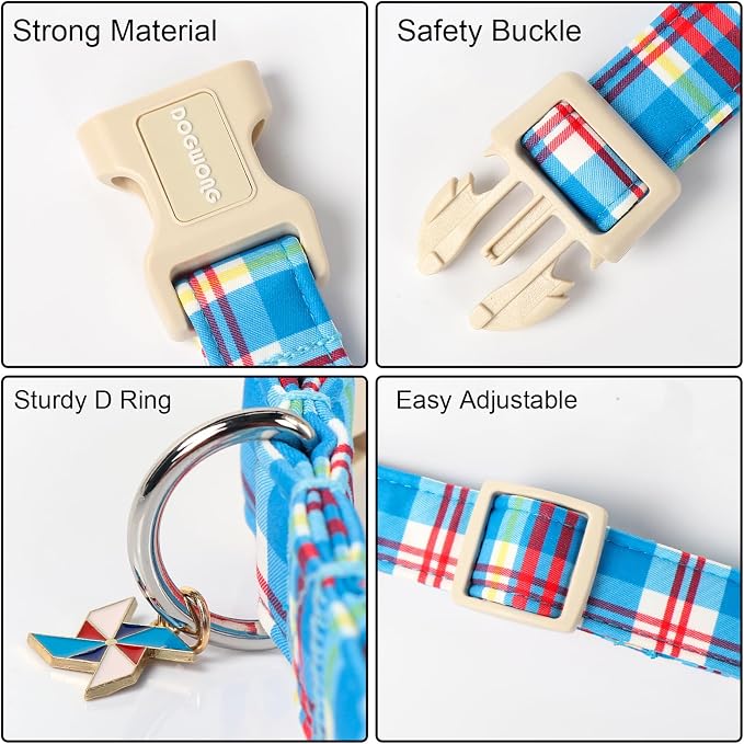 DOGWONG Blue Plaid Dog Collar- Cute Checkered Dog Collars Adjustable Designer Blue Puppy Dog Collar for Small Medium Large Dogs L