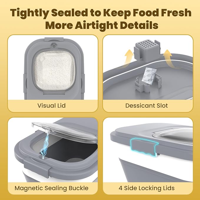 HOYTAMDA 25-35Lbs Collapsible Rice Container,Food Storage Containers Wheels | Rice Storage Container with Airtight Clear Lid,Handle,Small Bin &Scoop,Rice Dispenser for Flour Sugar Cereal Dog Cat Food