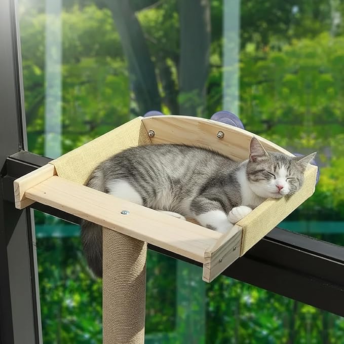 47.3'' Cat Tree Window Sill Perch with Tall Vertical Scratching Post Height-Adjustable Indoor Hammock Bed for Large Cats Suction Cup Climbing Tree Tower for Sunbathing & Bird Watching (Light Wood, M)
