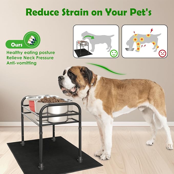 Extra Large & Tall Metal Raised Dog Bowl Stand for Extra Large Dogs, Table Steel Frame Dog Bowls Stand with Mat,Non-Slip,Adjust to 4 Heights 15"-22", Holds 4"-10.5" Diameter Bowl (Not Included)