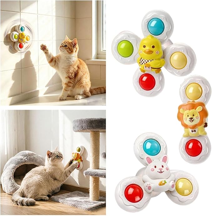3PCS Suction Cup Cat Toy, Window Perch Companion Interactive Play Toy | 360° Spin Stick Anywhere for Indoor Cats