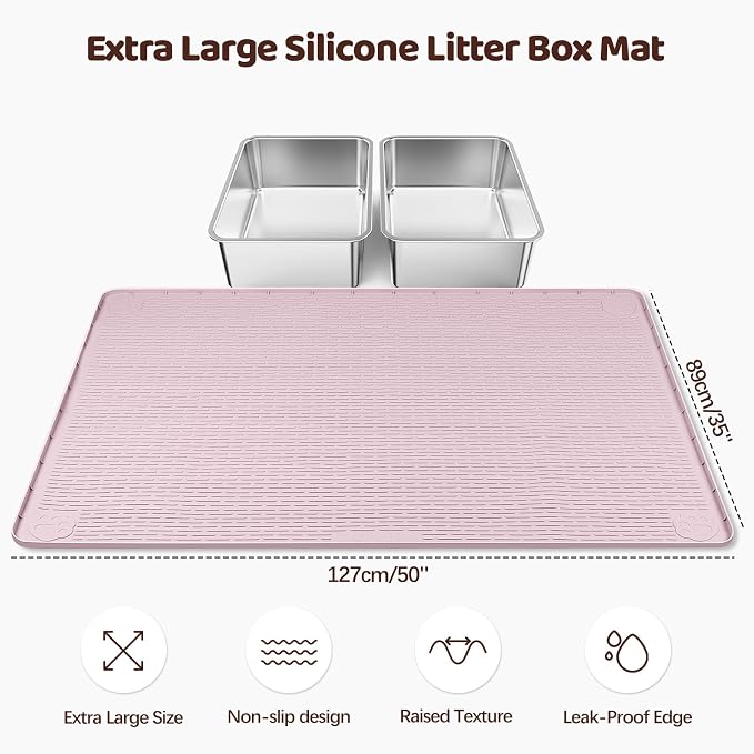 Silicone Cat Litter Mat for Litter Box 50”x35” Large Cat Mat, Pink | Waterproof, Non-Slip, Leak-Proof Rug Mat with Lip, Easy to Clean, Extra Large Litter Catcher Mat for Floor