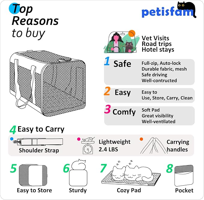 Easy Load Soft Pet Carrier Bag Cat for Medium, Large Cats, Puppy, Sturdy, Collapsible, Comfy, Black w/Blue Trim, L