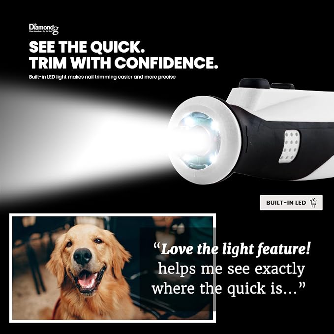 Diamondg Cordless Dog Nail Grinder - Quiet Sound with LED Light, White | 5-Speed Rechargeable Pet Nail Trimmer for Small & Large Dogs, USB-C Charging, 4hrs. Runtime, Painless Dog Nail Grinding Kit