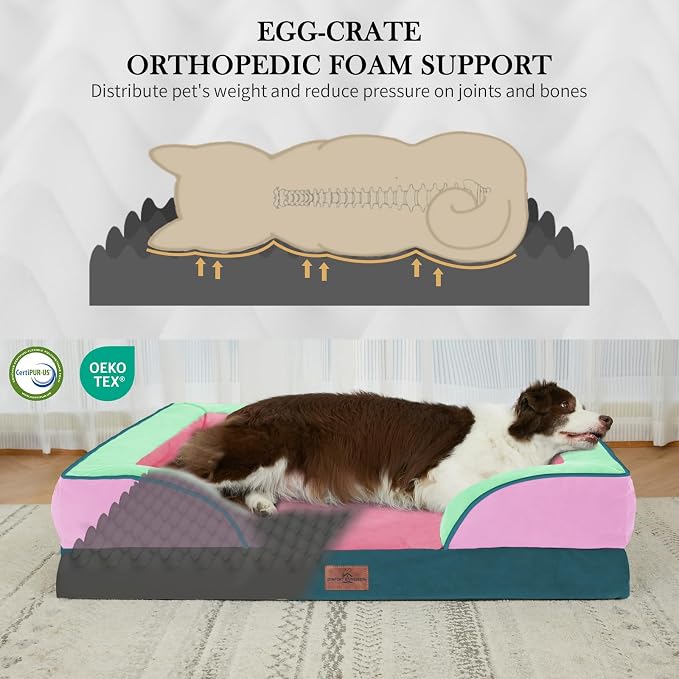 Comfort Expression Orthopedic Dog Bed for Extra Large Dogs with Bolster | Waterproof Dog Couch Bed with Washable Cover & Non-Slip Bottom, Supportive Egg Crate Foam XL Pet Bed, 42x30 Inch