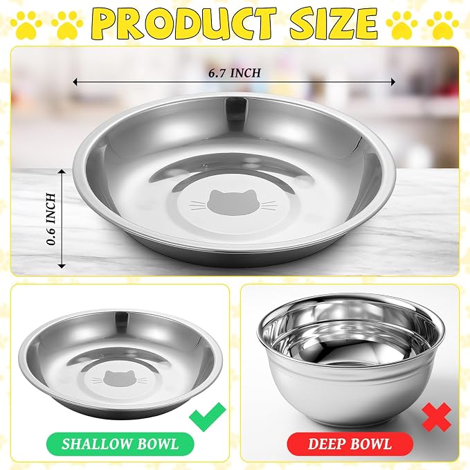 Domensi 12 Pieces Stainless Steel Cat Bowl Metal Pet Food Dish Beard Fatigue Relief Replacement Easy to Clean Indoor Wet Feeding Flat Plates for Dogs Kitten and Other Small Animals(6.3 Inch,Cat)