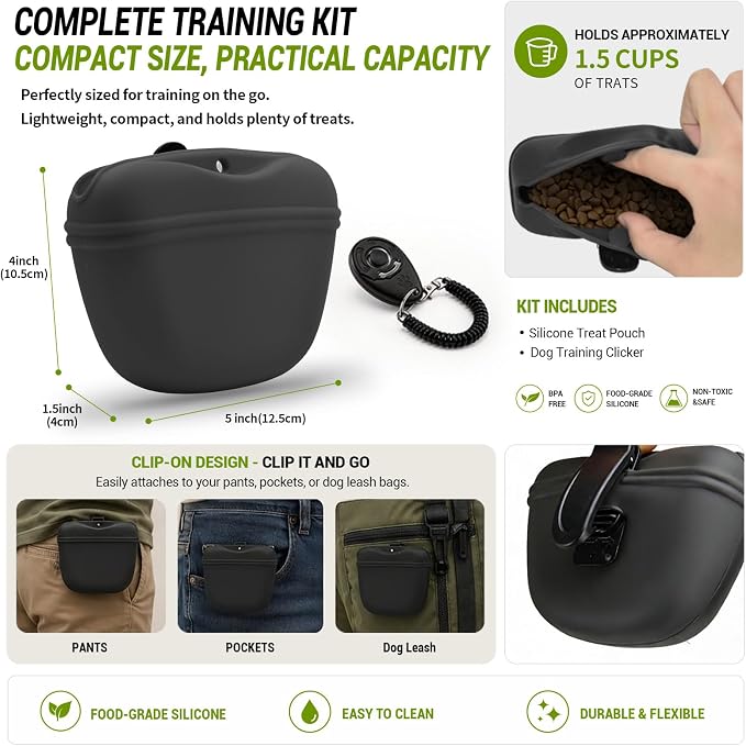 AUDWUD Silicone Dog Treat Pouch with Clicker Magnetic Closure Secure Clip | Upgraded clip keeps your treat pouch secure during training.Magnetic closure allows fast one hand access.Includes dog click