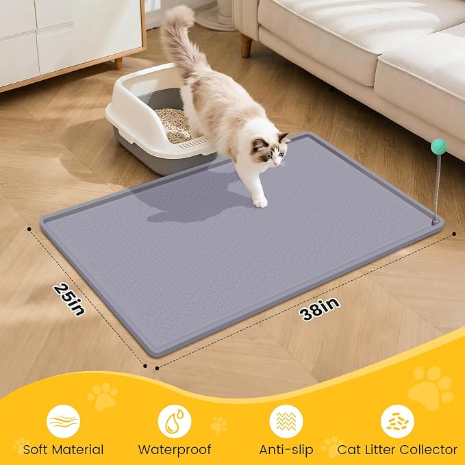 Silicone Cat Litter Mat with Toy, 38x25 Inch Large - Waterproof, Easy Clean Trapping Mat for Kitty Litter Box, Non-Slip Litter Box mat for Hardwood Floors & Carpet Protection (Grey)