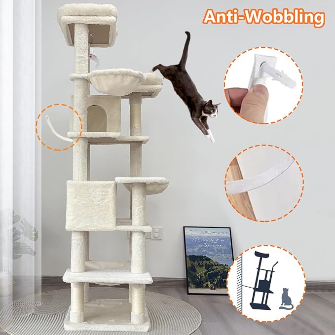 Beige 68 Inches Multi-Level Large and Tall Cat Tree Tower for Indoor Cats/Removable Pad/Cat Condo/Sisal Scratching Posts/Hammock/Cat Activity Center/Wide Base,White