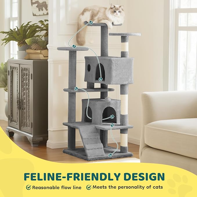 DUMOS 54 Inch Cat Tree Tower with Scratching Posts, Indoor Use | Multi-Level Pet House for Large Cats with 2 Condos, Round Platform, Small Ladder and Toys, Light Grey