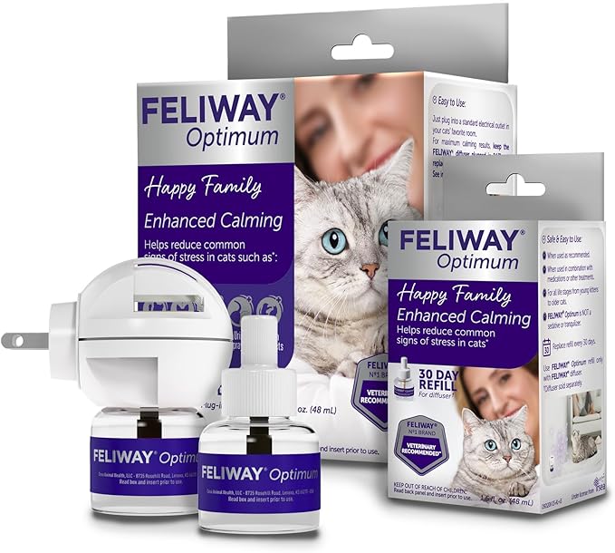 FELIWAY Optimum Cat Calming Diffuser Kit and 1 Pack Refill – Advanced Support to Help Reduce Urine Spraying, Scratching, Fighting and Hiding Due to Stress – All in One Cat Pheromone Plug in Diffuser