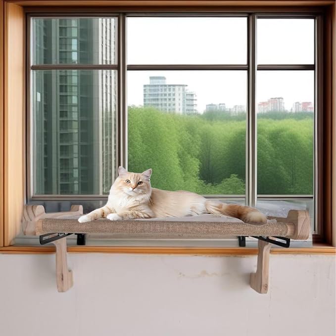 No Suction Cup Cat Window Perch, Adjustable 40lbs Heavy Duty Cat Hammock, Sturdy No-Drill Window Seat for Large Cats, Wood & Metal Frame Bed for Sills with Tracks
