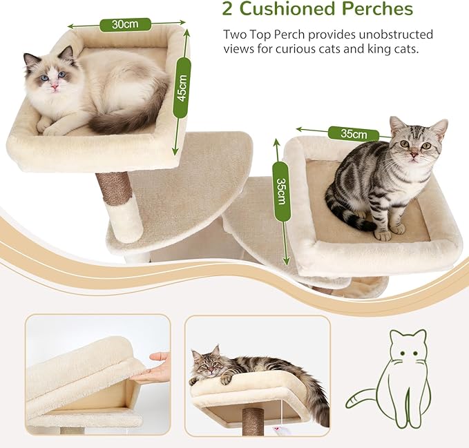 Globlazer S74E Pro Heavy Duty Maine Coon Cat Tree for Large Cats, Beige | 74in Sturdy Multi-Level Tall Cat Tree Tower for Indoor Adult Cats with Scratching Posts, 2 Cat Condos, 2 Top Perches