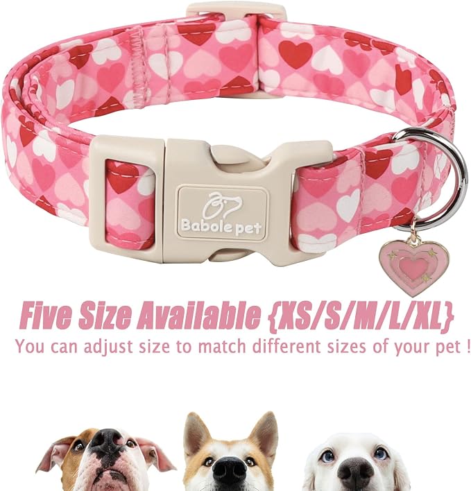 Valentines Dog Collar for Small Dogs - Cute Valentine Pink Hearts Girl Dog Collars, Adjustable Girly Puppy Collar with Quick Release Buckle for Female Dogs XS
