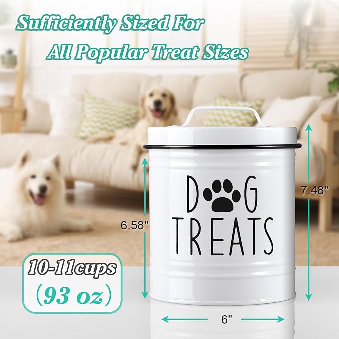 Large Dog Treat Container Airtight - 6.6" Tall X 6" Round White Dog Treat Jar for Kitchen Counter - Rustic Treat Storage Canister for Dogs, Cats, Small Animals - Gifts for Pet Owners