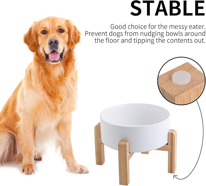 White Raised/Elevated Ceramic Dog Bowl for Medium Large Sized Breeds,Large Dog Food Water Bowl with Stand,8 in Non Slip Heavy Weighted 1800ml/ 7.6 Cups/60 OZ
