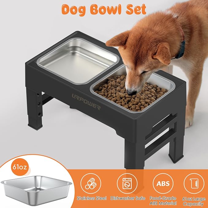 URPOWER Raised Dog Bowls 4 Height Adjustable Elevated Bowl Stand | Stainless Steel Water Bowl Non-Slip Dog Food Bowls Stand for Small Medium Large Dogs and Pets