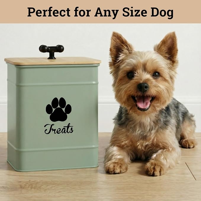 Dog Treat Container Airtight - 6 Inch Wide x 8 Inch Tall Iron Dog Treat Jar for Kitchen Counter with Airtight Bamboo Lid - 12 Cup Capacity Pet Treat Container - Doggie Cookie Jar - Big Treats Canister