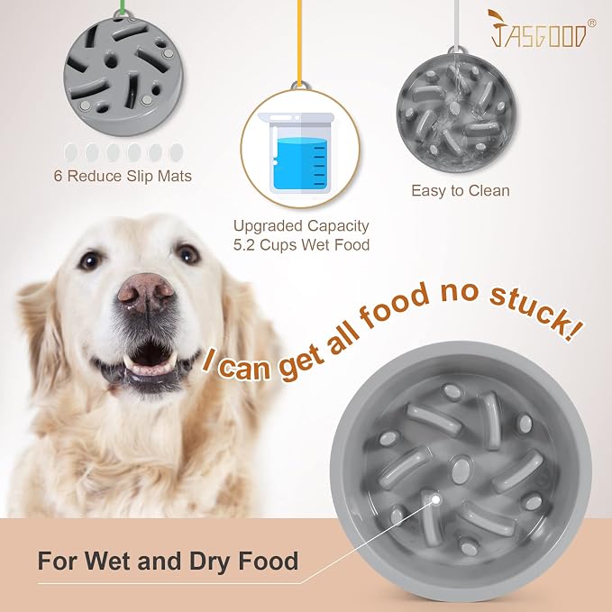 JASGOOD Largr Dog Slow Feeder Bowl - Reduce Slip Puzzle Bowl for Elevated Diners - Gray, Fit Opening 8.9"-9.25" (Pack of 2)