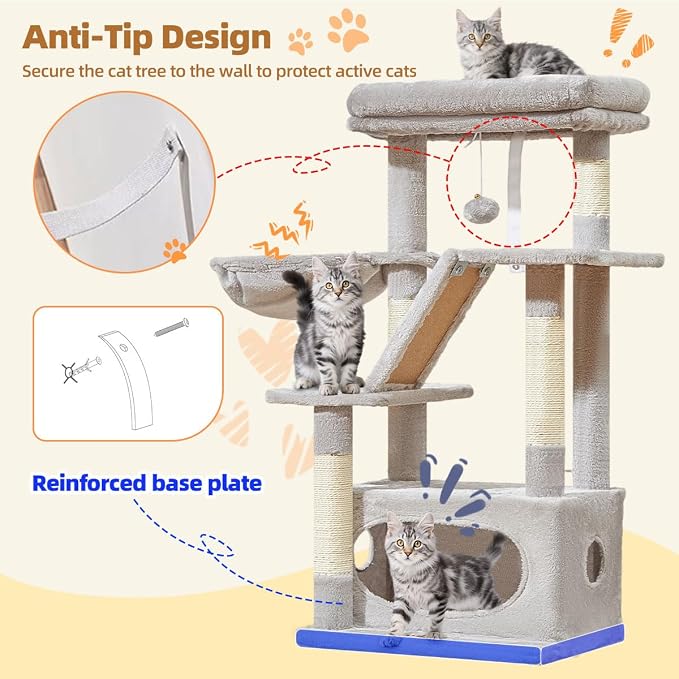 Taoqimiao Cat Tree, 38.5In Cat Tower for Indoor Cats, Suitable for Kittens | Thick Padded Top Perch, Luxurious Cat Condo, Adjustable Basket, 1-Piece Ramp Scratcher, 3 Sisal Posts, Light Gray, MS029SW
