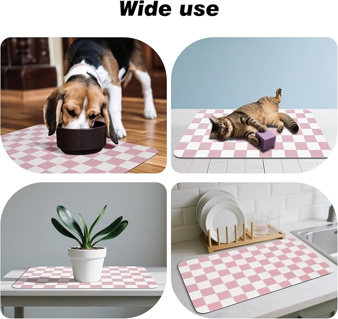 CooRug Checkered Dog Food Mat, Pet Feeding Mat 24" L x 16" W, Pink | Absorbent, Leak-Proof, Anti-slip, Quick Dry, Eco-friendly Materials, Easy to clean and store, For Messy Drinkers