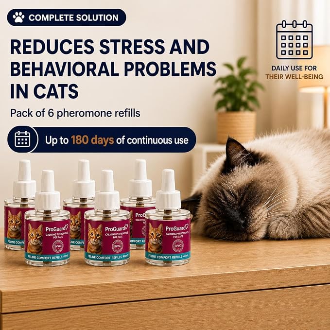 ProGuard® Cat Calming Diffuser Refill 6 Pack Cat Calming Pheromone Diffuser Refill Cat Plug in Pheromones Cat Stress Diffuser Cat Pheromones Calming for Cats Anxiety and Stress 48ml Vial-180 Days