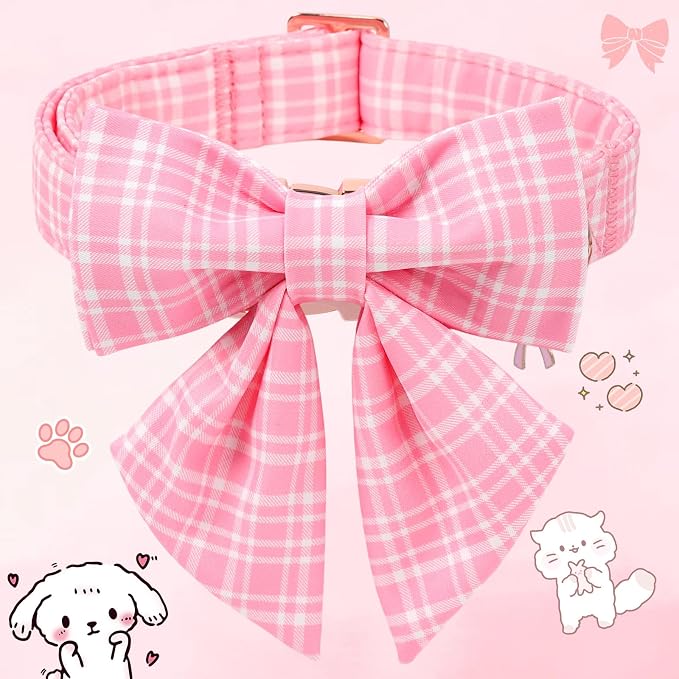 Pink Dog Collar for Girl Dogs, Spring Summer Pink Plaid Dog Collar with Bowtie- Adjustable Female Sailor Bow Dog Collar for Small Dogs S