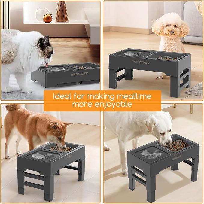 URPOWER 2-in-1 Elevated Slow Feeder Dog Bowls with No-Spill Water Bowl | 4 Height-Adjustable Raised Dog Bowls, Non-Slip Food and Water Bowls with Stand for Small, Medium, Large Dogs, Cats and Pets