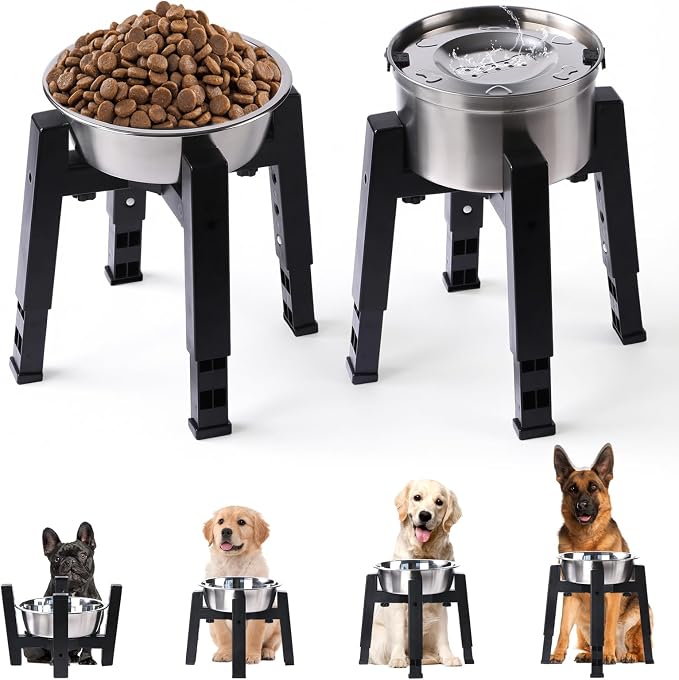 Marchul Elevated Dog Bowl with Stand, 2.5L Food Bowl and 3.3L Splash-Proof Floating Water Bowls with Large Capacity Stainless Steel, Adjustable Height & Width, Anti-Slip Stand for Medium Large Dogs