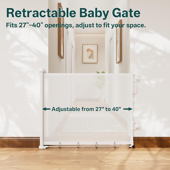 Cumbor 27-40" Retractable Baby Gates for Stairs & Doorways, Hardware Mounted Mesh Dog & Pet Gate, Easy Walk Through, One-Hand Operation, Anti-Crawl Adjustable Safety Gate for Dog, Indoor Outdoor White