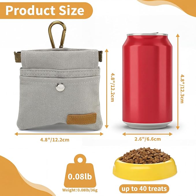 Dog Treat Pouch for Pet Training, Carabiner & Magnetic Buckle, Grey | Hand Free Dog Training Treat Bag, Auto Closing Dog Walking Bag for Puppy Travel or Outdoor Use, Pet Feed Snack Reward Pocket
